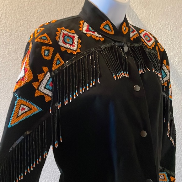Vintage Southwest Native inspired western beaded fringe jacket black turquoise - Picture 5 of 13